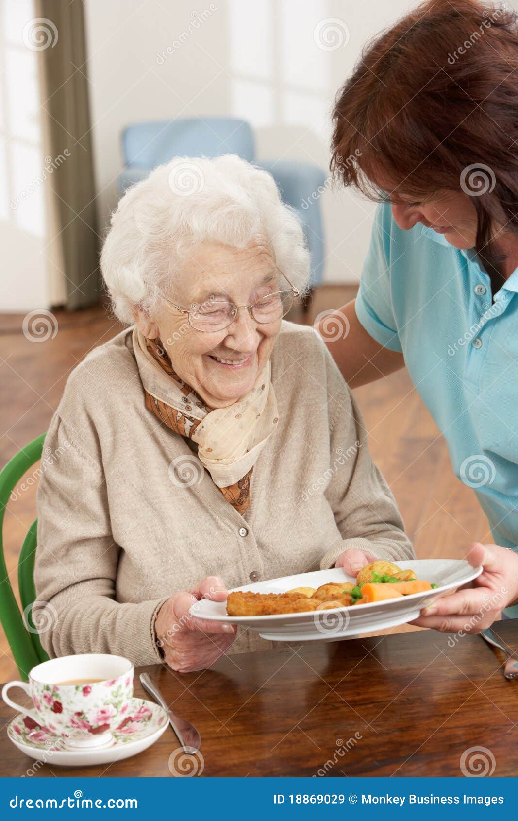 senior woman being served meal