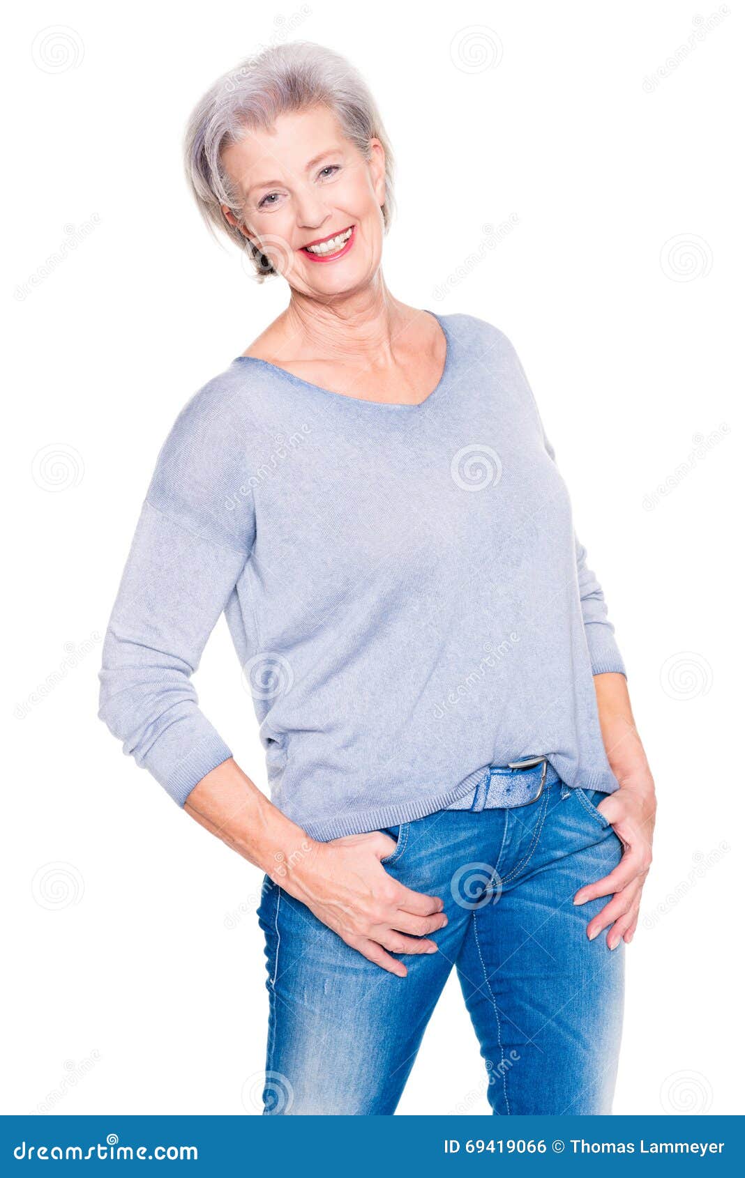Senior woman in blue jeans stock photo. Image of healthy 69419066