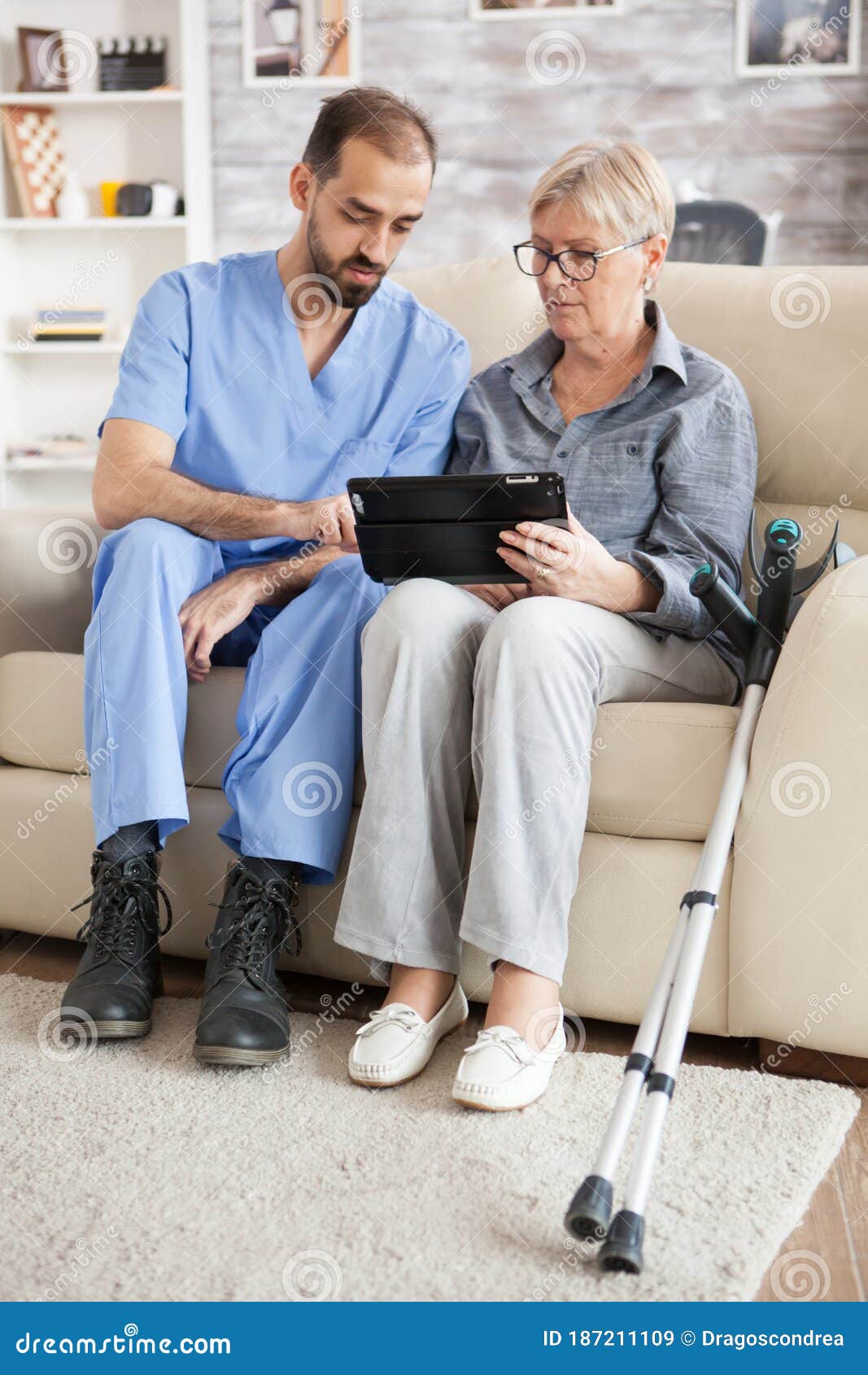 Senior Woman with Crutches in Nursing Home Stock Image Image of young