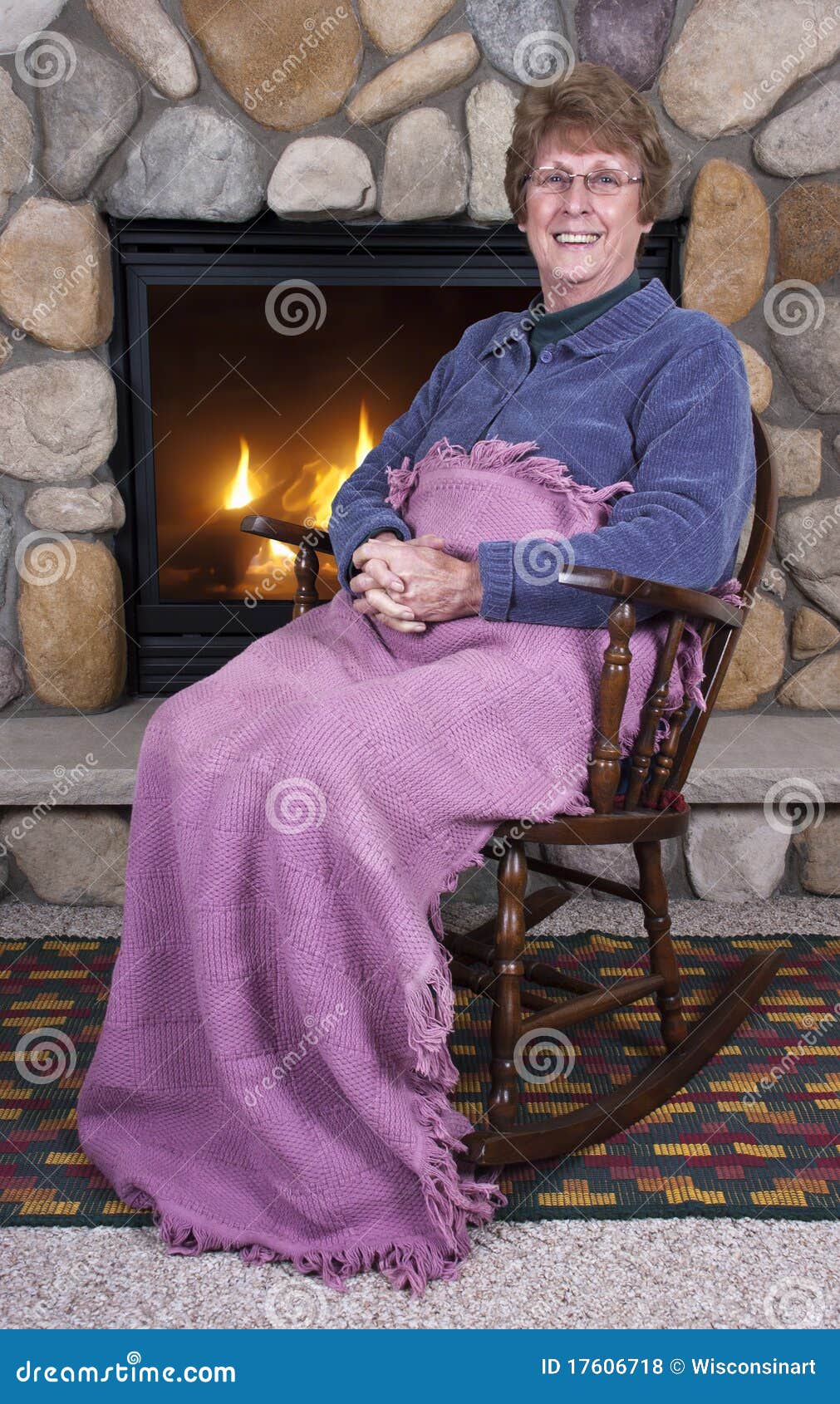 Senior Woman Grandma Rocking Chair Fireplace Royalty Free Stock Photos 