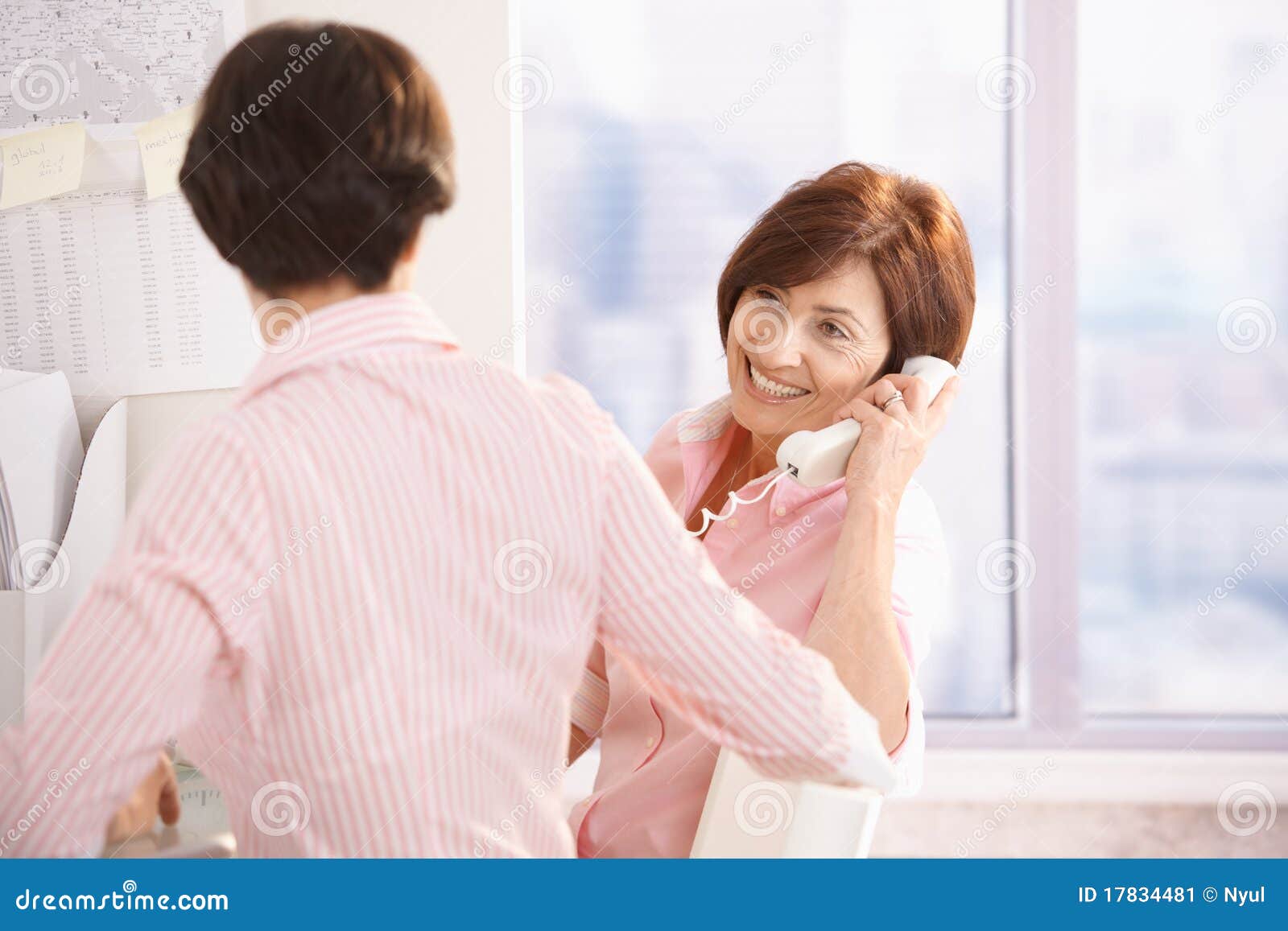 senior woman on phone call, sitting with coworker