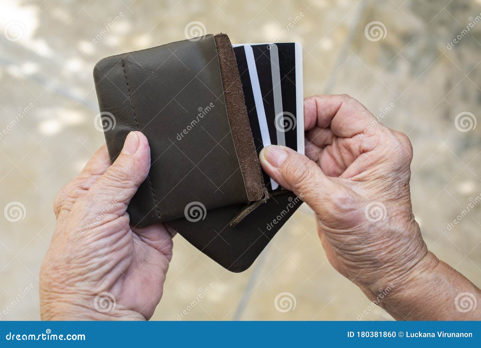 Senior Woman Hands Picking Credit Card from Leather Wallet Money on 