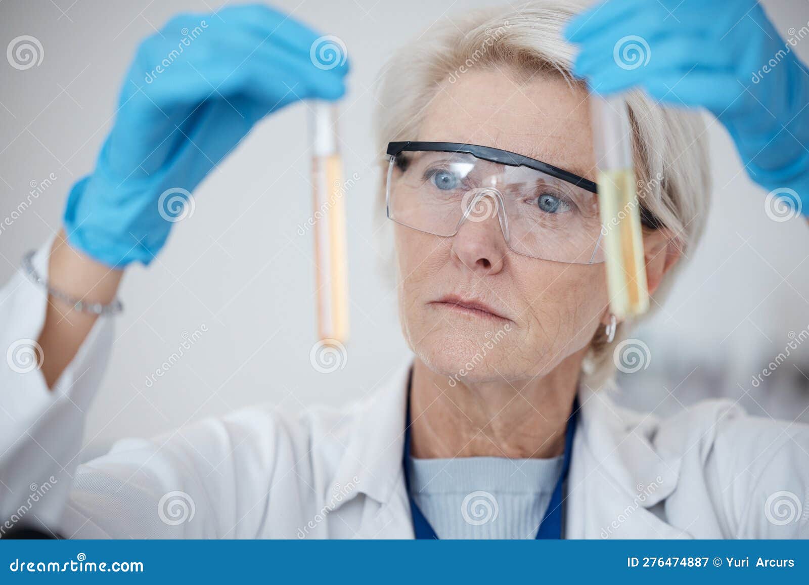 Senior Woman, Scientist and Vials in Chemical Experiment or Testing Concentration in Laboratory