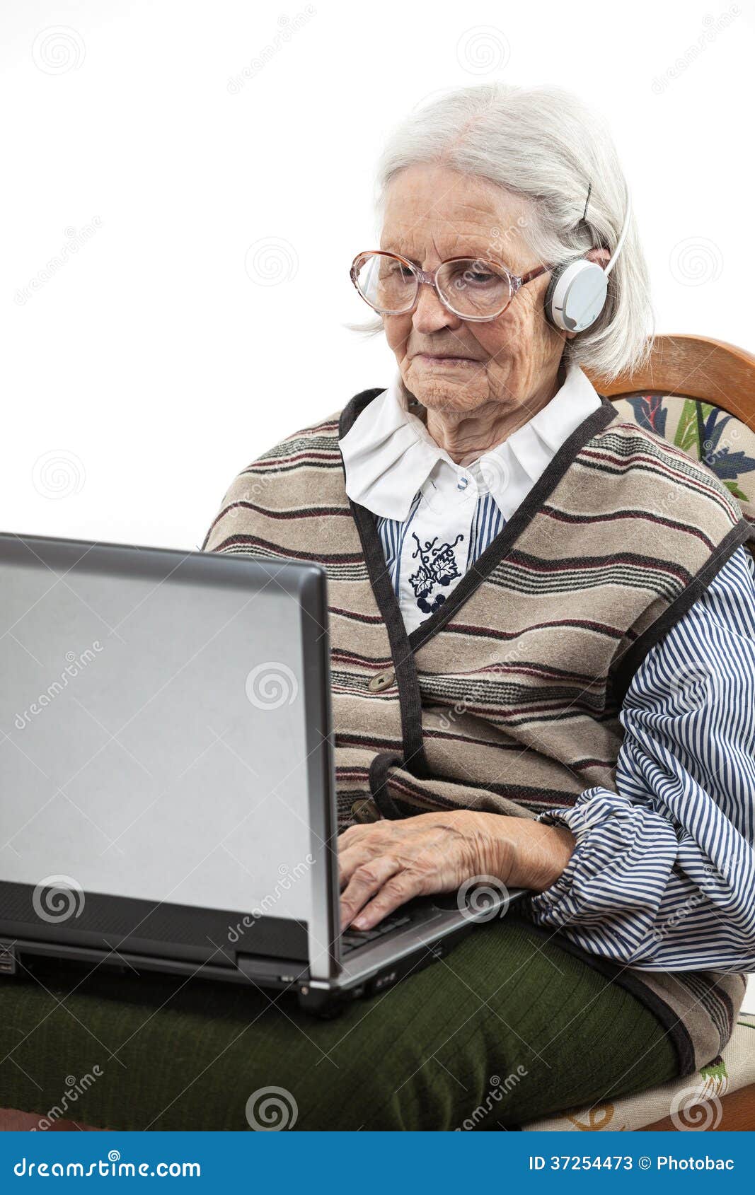 Senior Woman Using Laptop Computer Over White Stock Image - Image of ...