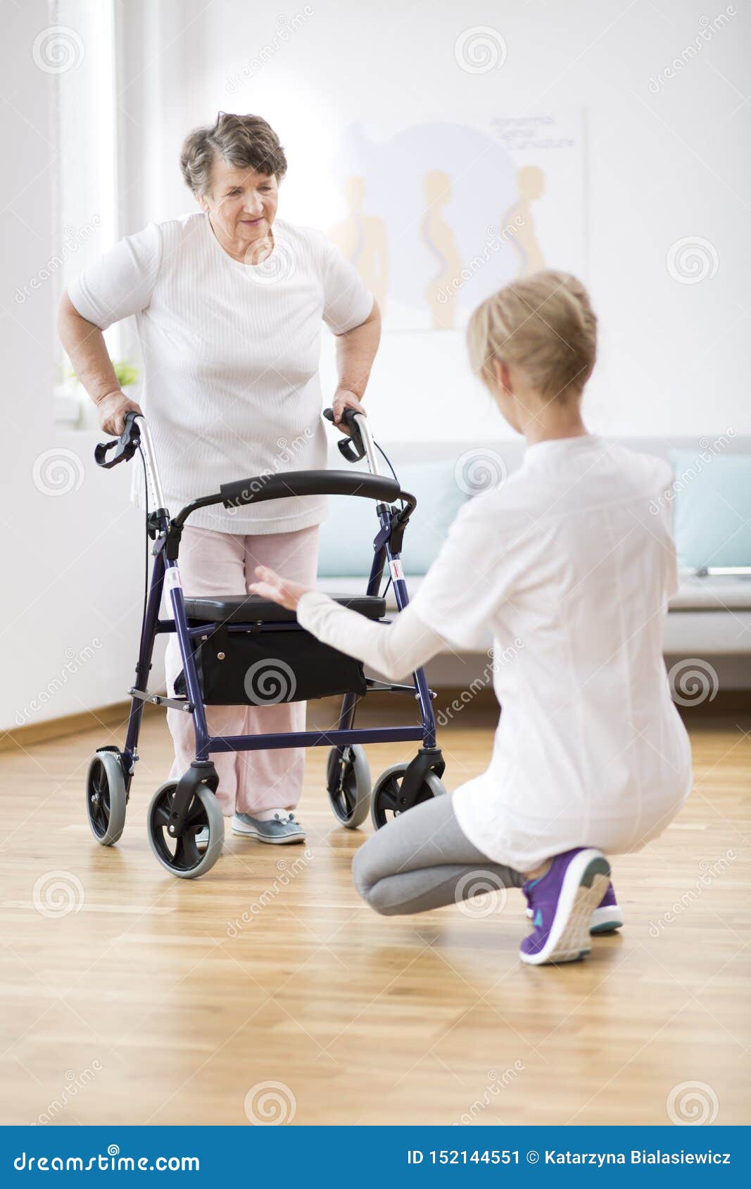 Senior Woman With Walker Trying To Walk Again And Helpful ...