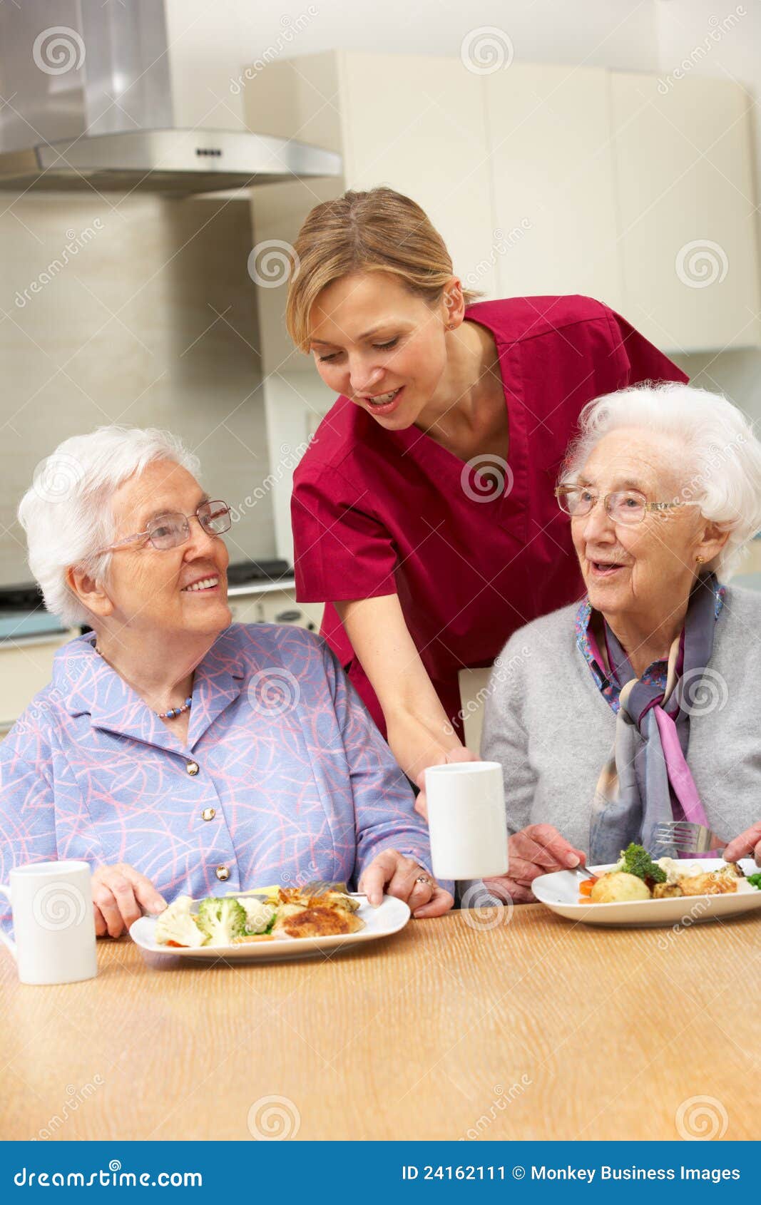 senior women with carer enjoying meal at home