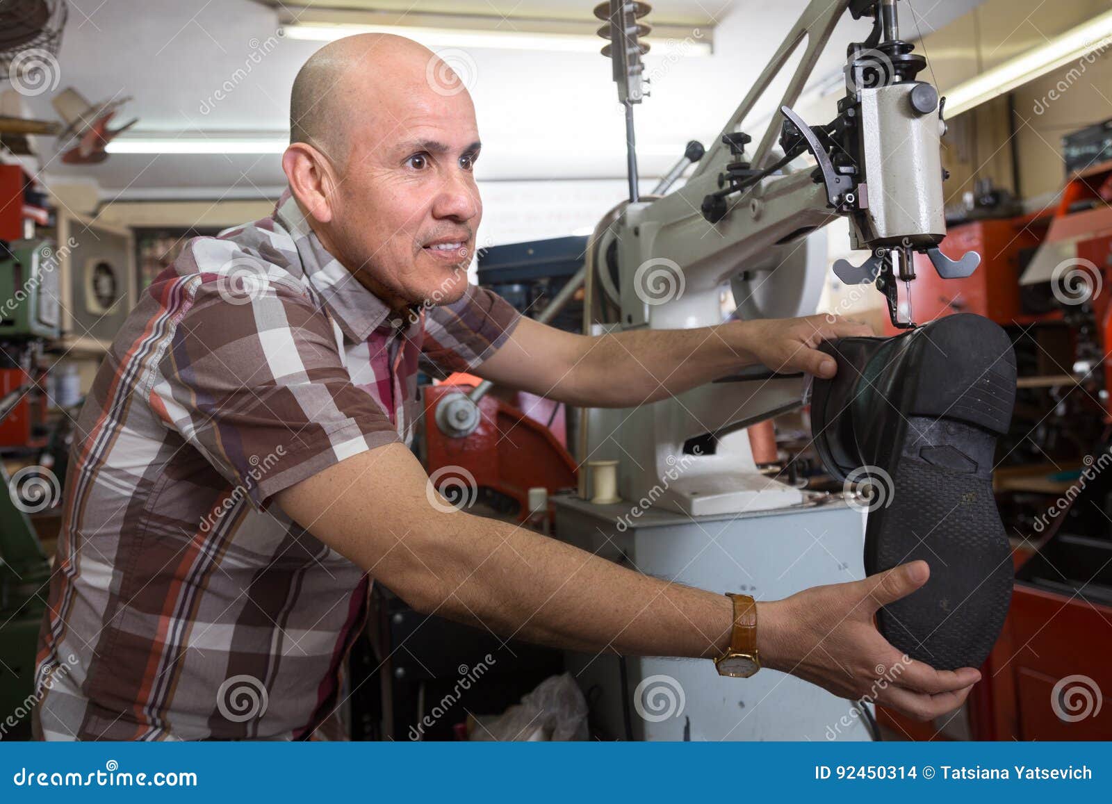 Senior Workman Sewing Leather Boots on Stitch Lathe Stock Photo Image