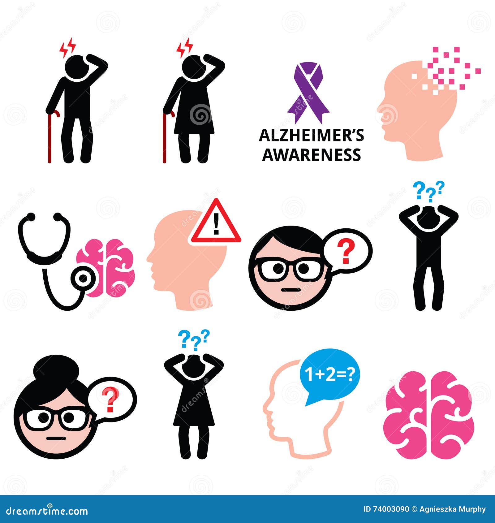 seniors health - alzheimer's disease and dementia, memory loss icons set