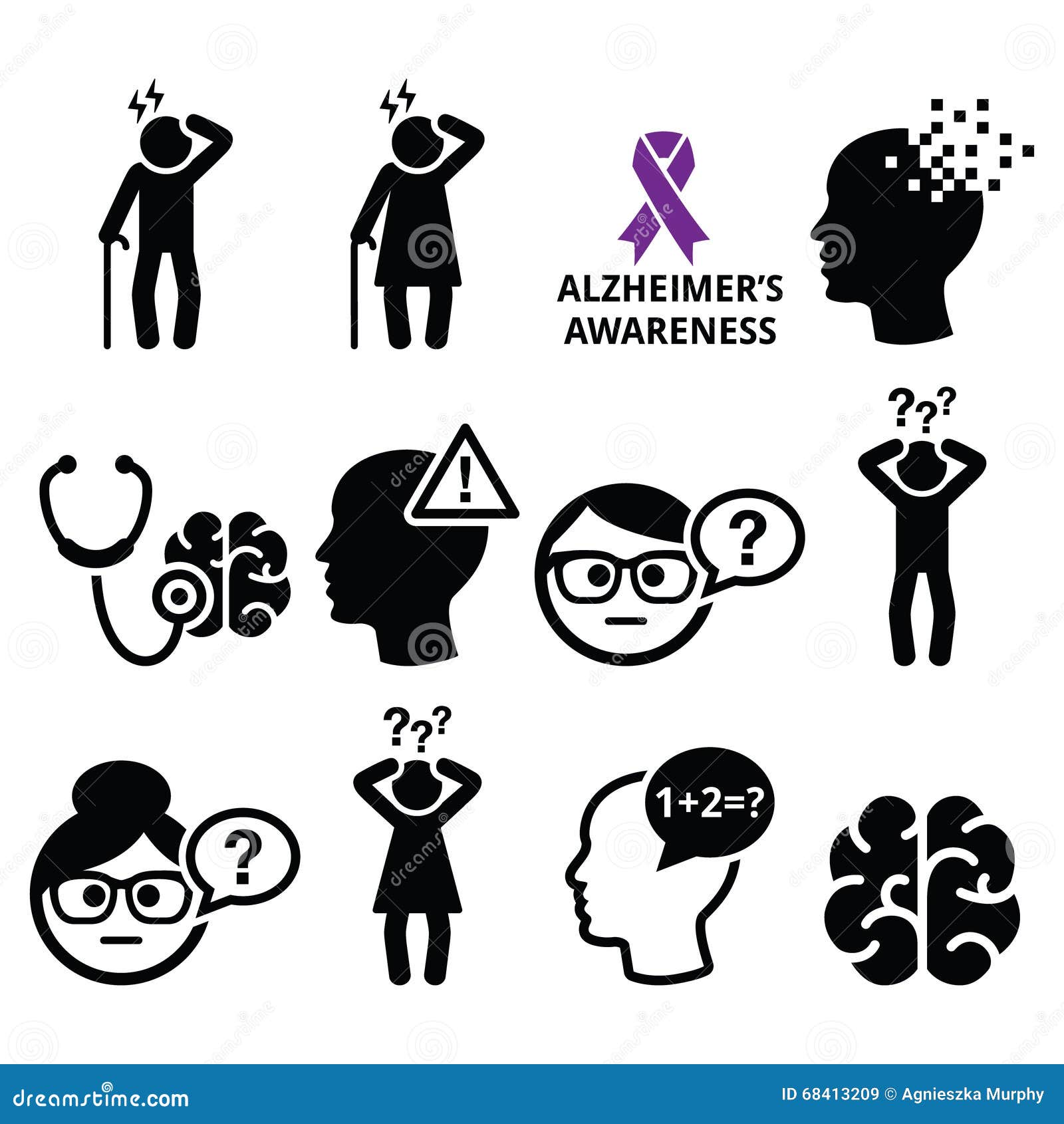 seniors health - alzheimer's disease and dementia, memory loss icons set