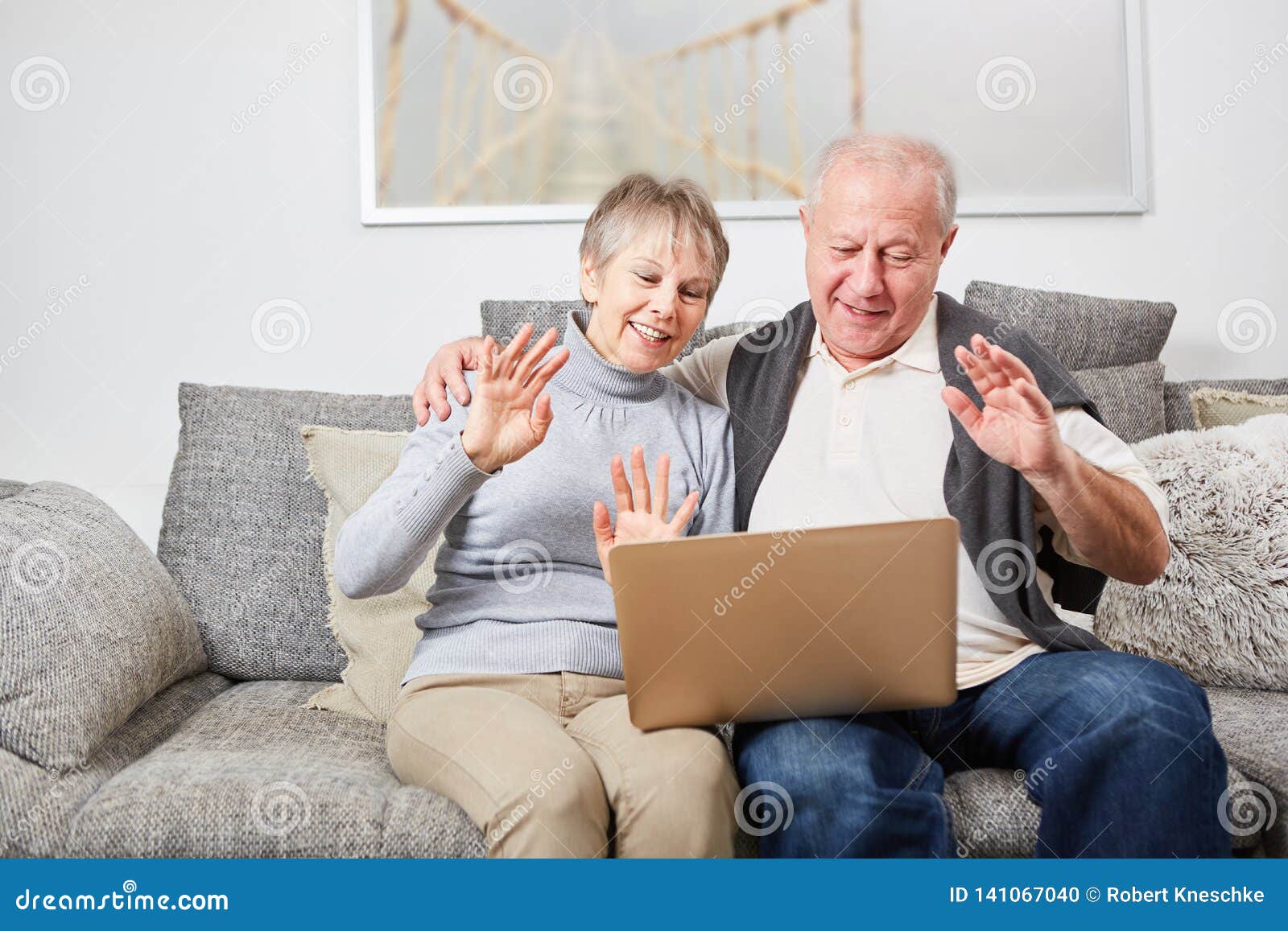 Seniors in a Video Chat with Laptop Stock Photo Image of citizens