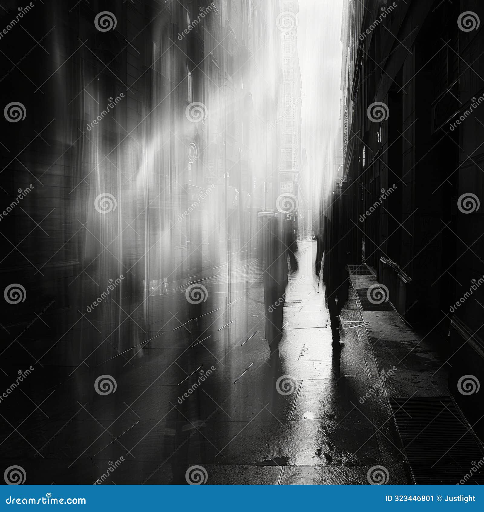 a sense of mystery and intrigue is evoked through the blurred city streets. black and white art.