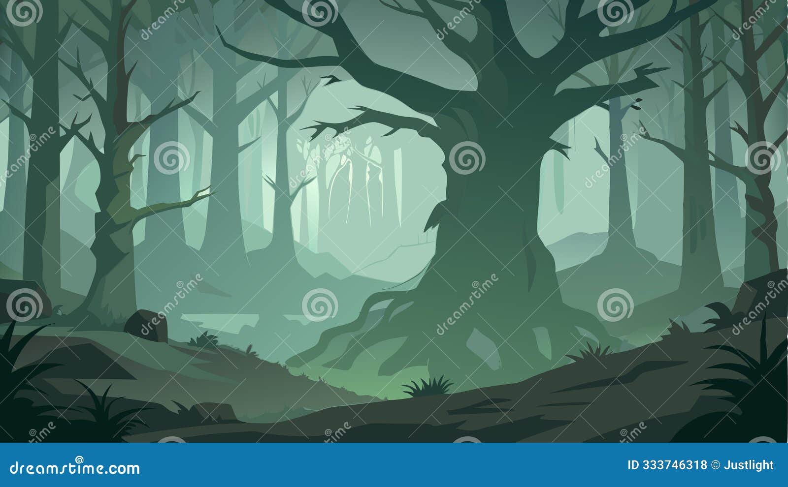 a sense of timelessness in the foggy forest with the fog concealing the true age of the ancient trees..