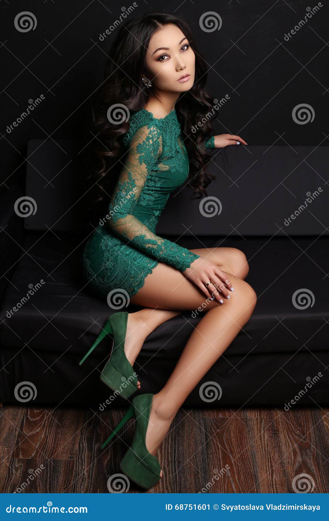 Sensual Asian Woman With Long Dark Hair In Elegant Lace 