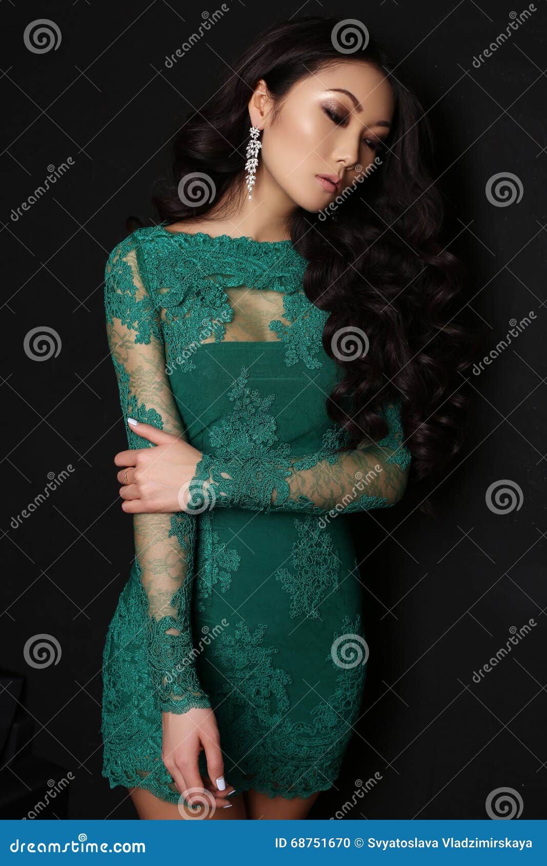 Sensual Asian Woman With Long Dark Hair In Elegant Lace 