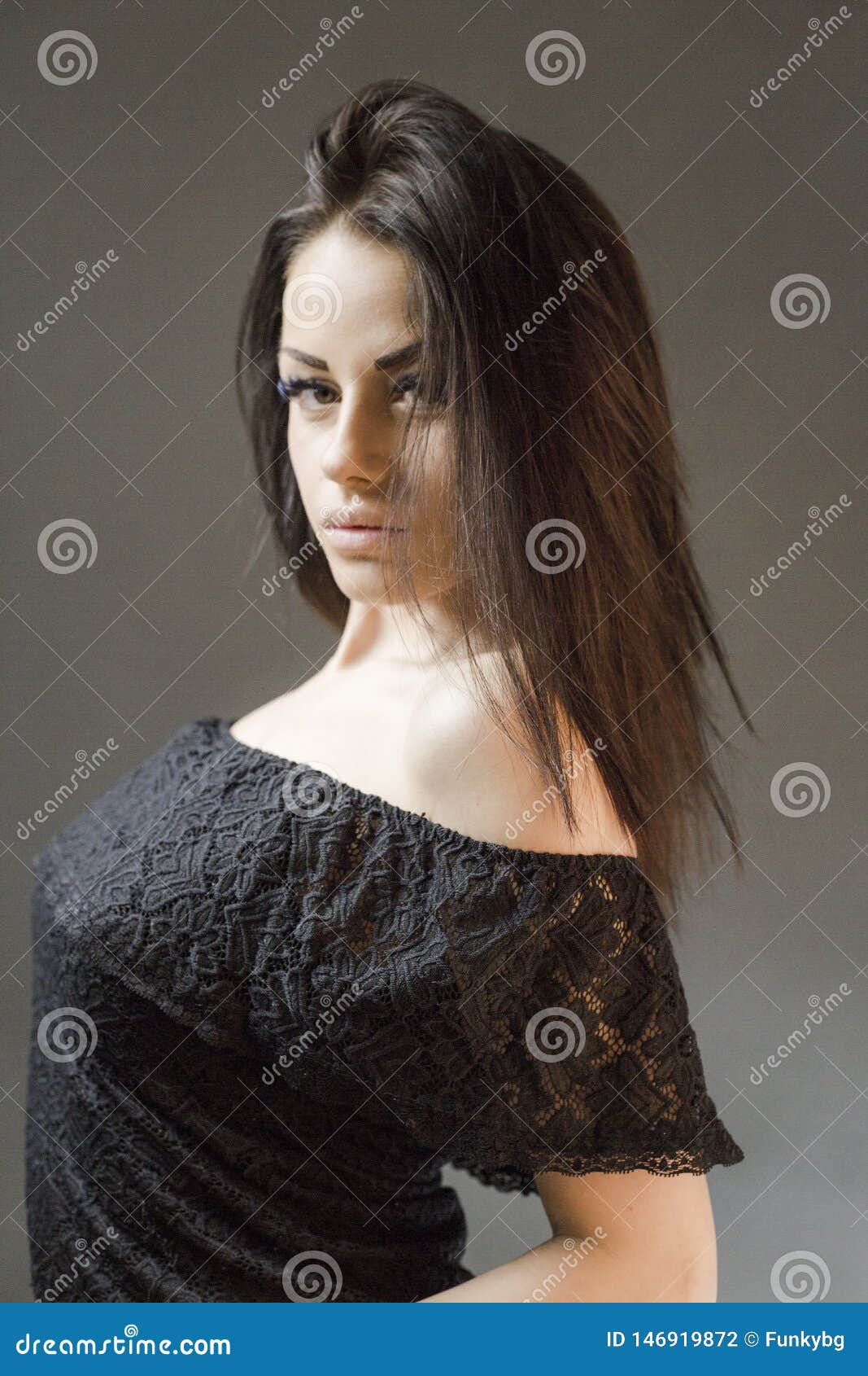 Sensual Attractive Caucasian Brunette Woman Posing Studio Stock Photo