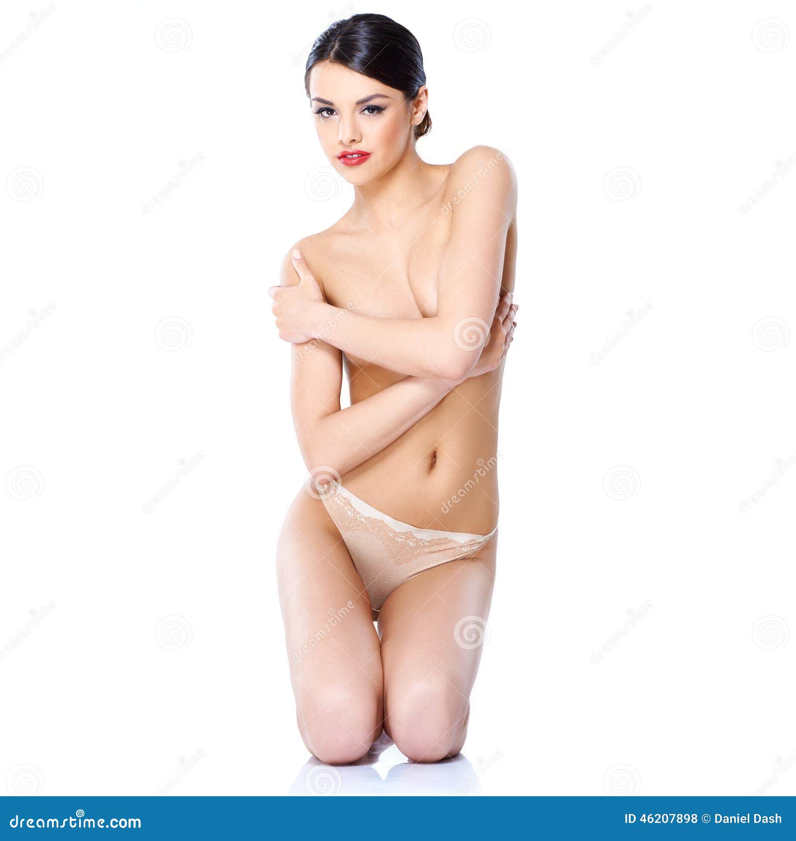 Sensual Bare Pretty Woman Kneeling Pose Stock Photo