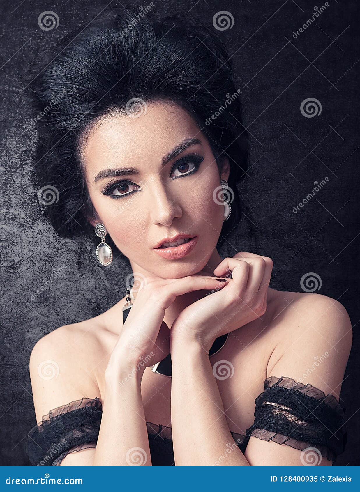 Sensual Brunette With Big Hair And Retro Make Up Closeup On Bla Stock Image Image Of Beauty 