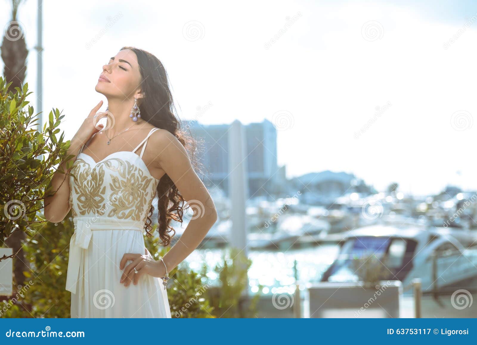 Sensual Curly Brunette In White Dress Enjoying Stock Image Image Of Elegant Brunette 63753117