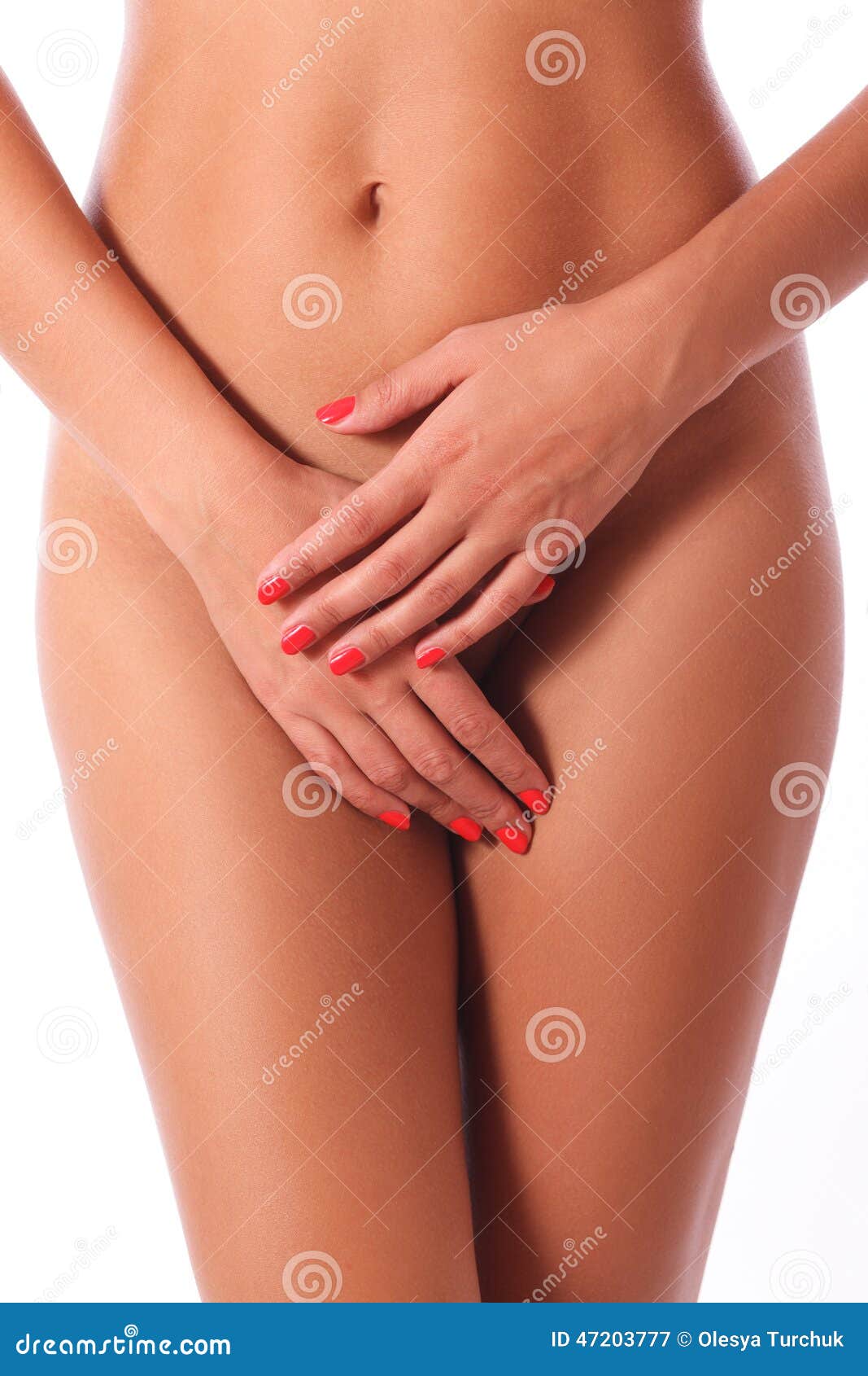 Sensual Image of Female Nude Thighs with Hands Covering Privates Stock Image