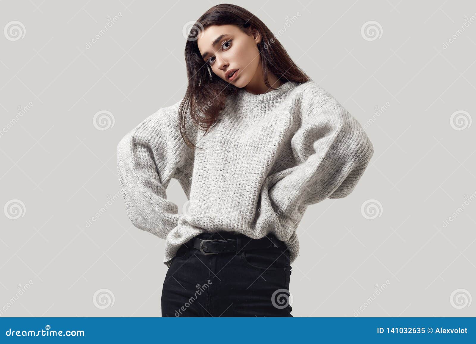 Beautiful Brunette Woman in Sweater Posing in Studio Stock Image ...