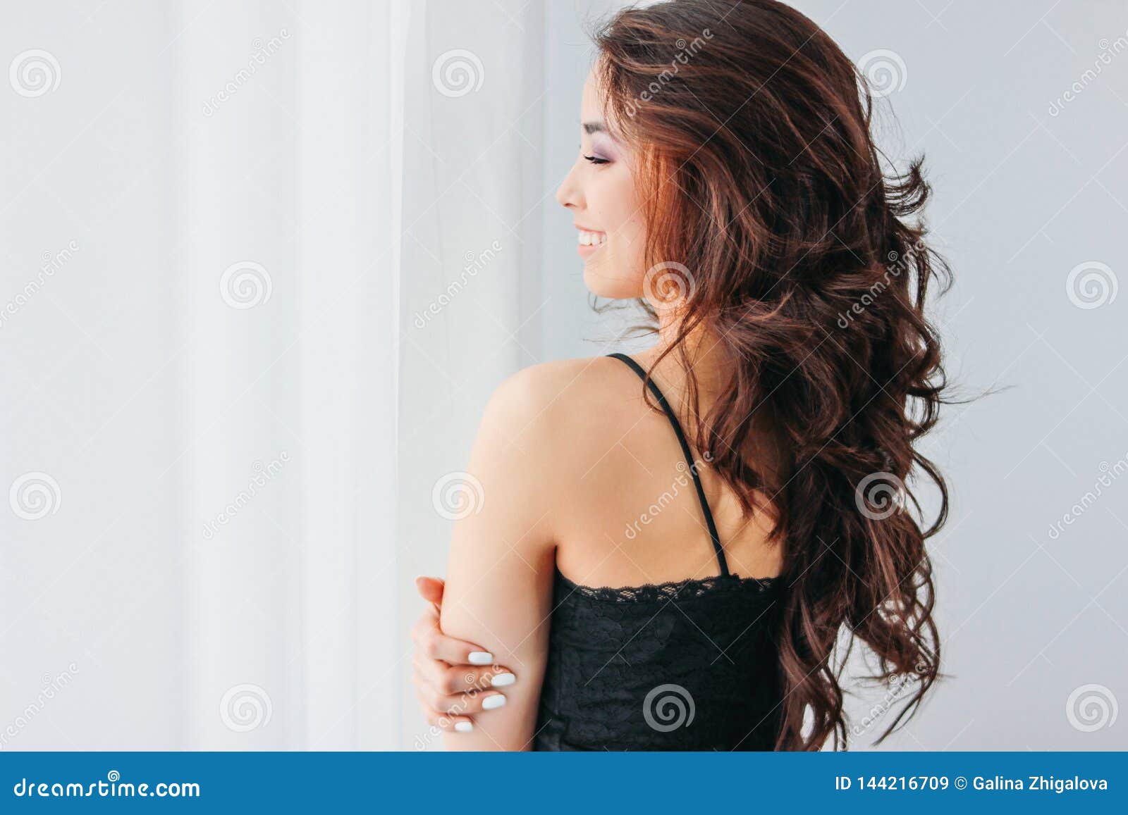 Sensual Smiling Girl Asian Young Woman With Dark Long Curly