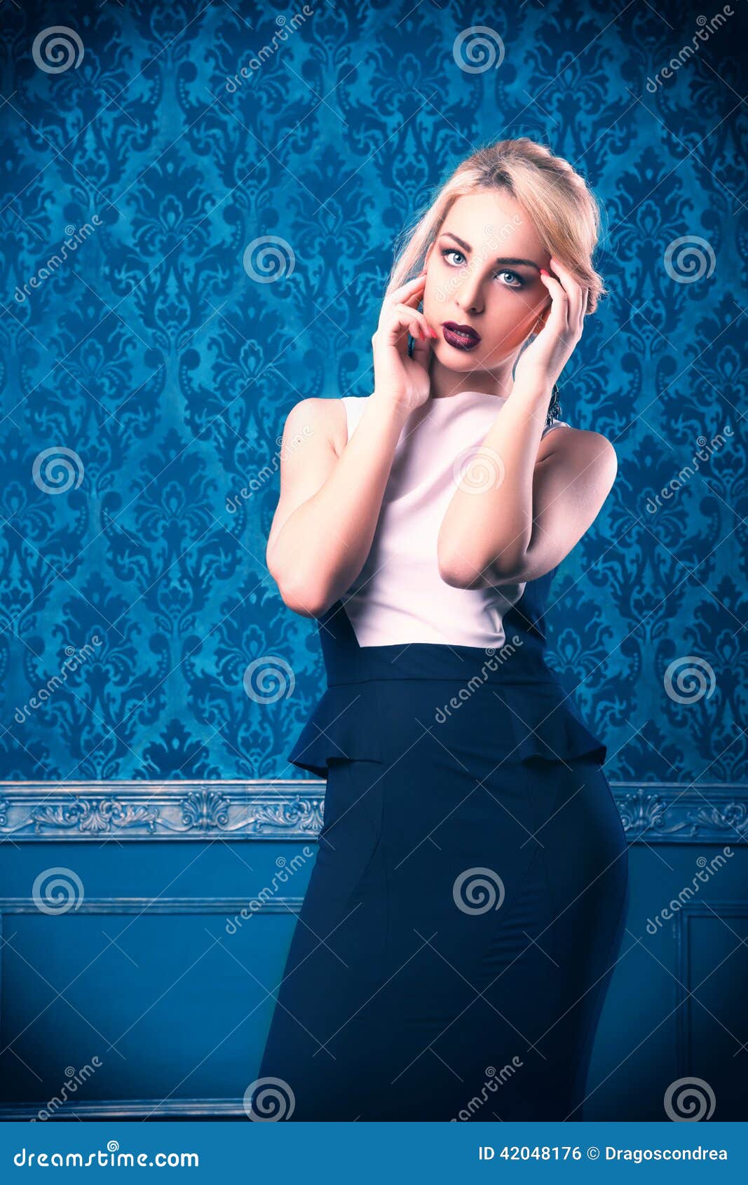 Sensual Woman on Blue Rococo Wall Stock Photo - Image of interior, blue ...