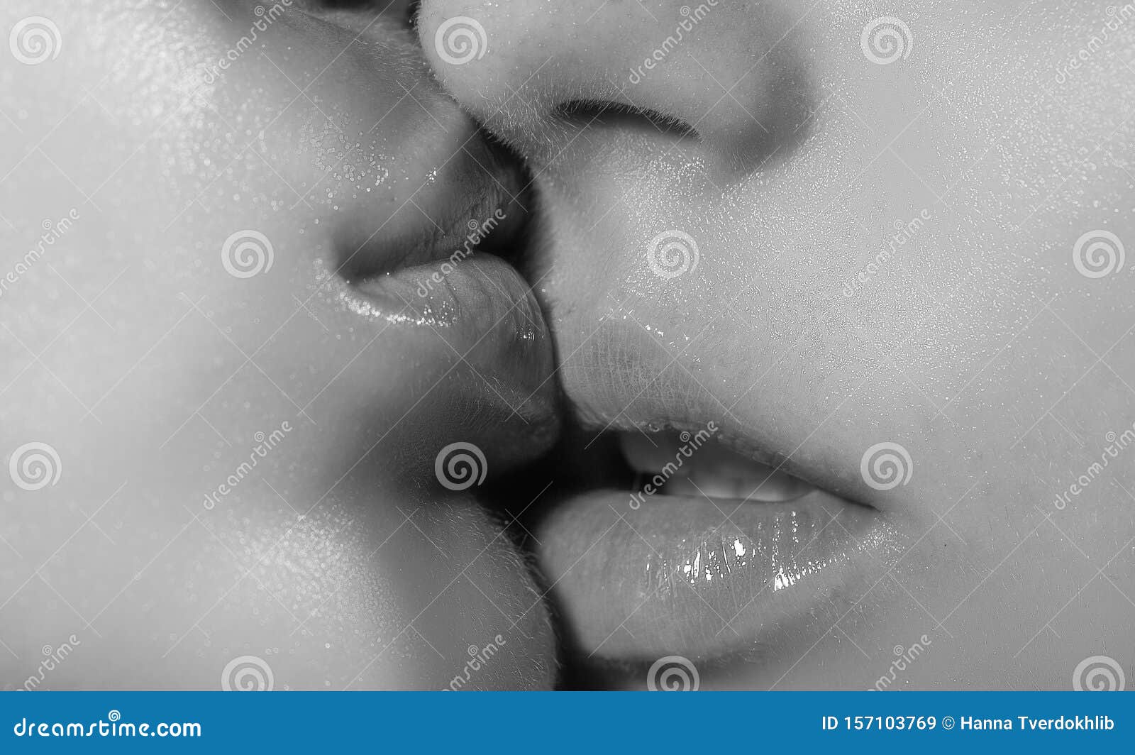 Sensual Woman Kiss. Lesbian Lips. Female Mouths Together. Soft Tender Touch. Two Girls. Kiss photo