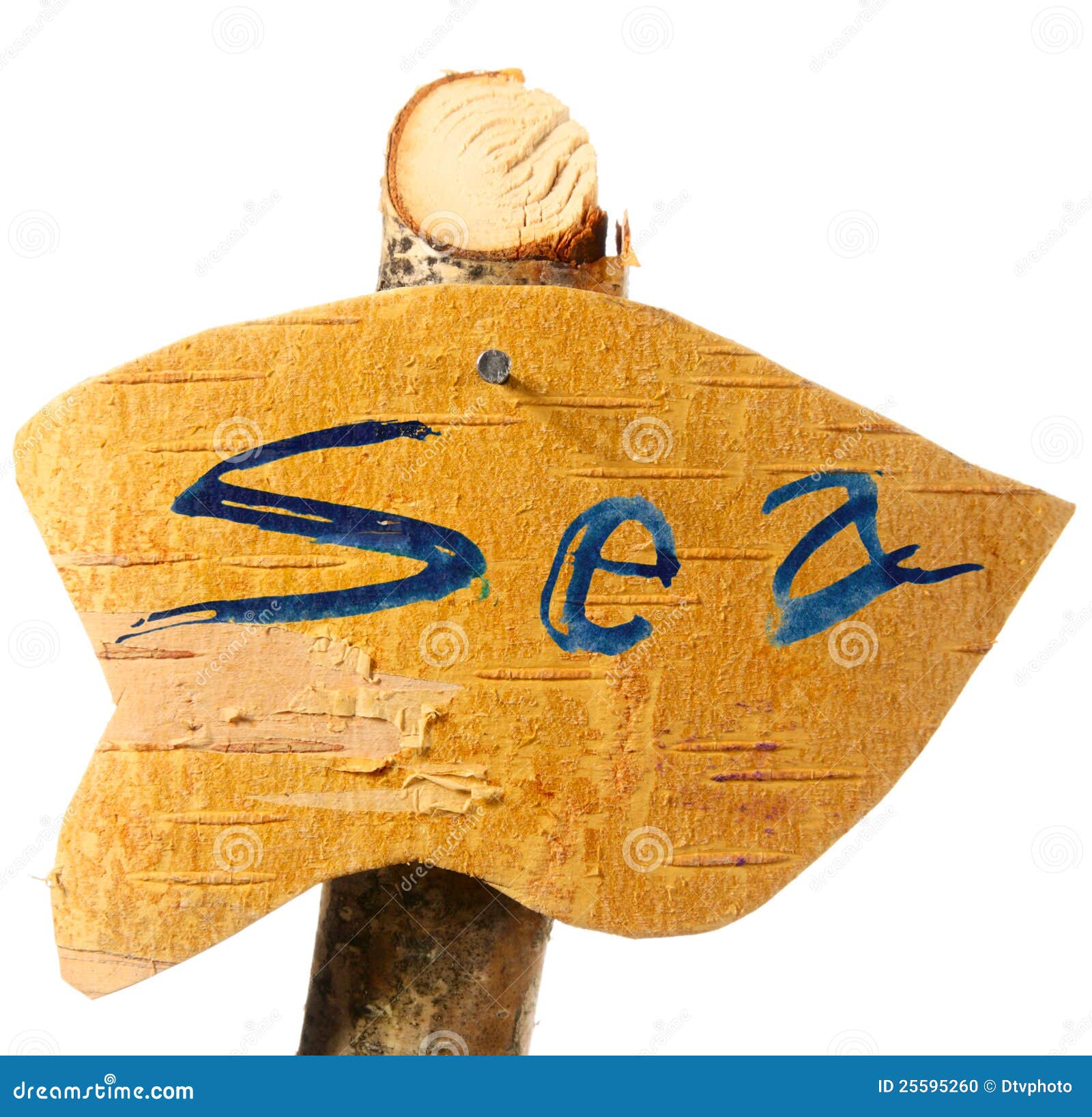 Signpost de madeira do sentido ao mar. Isolado no branco