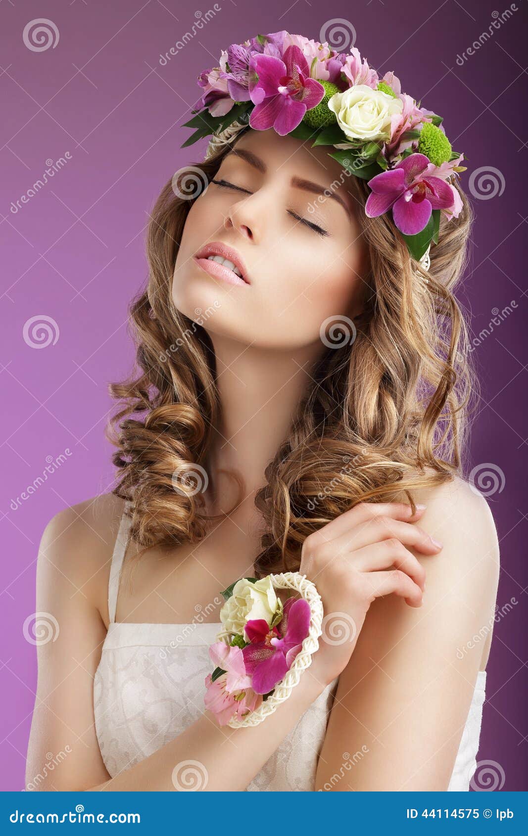 sentiment. imaginative woman with bouquet of flowers dreaming. femininity