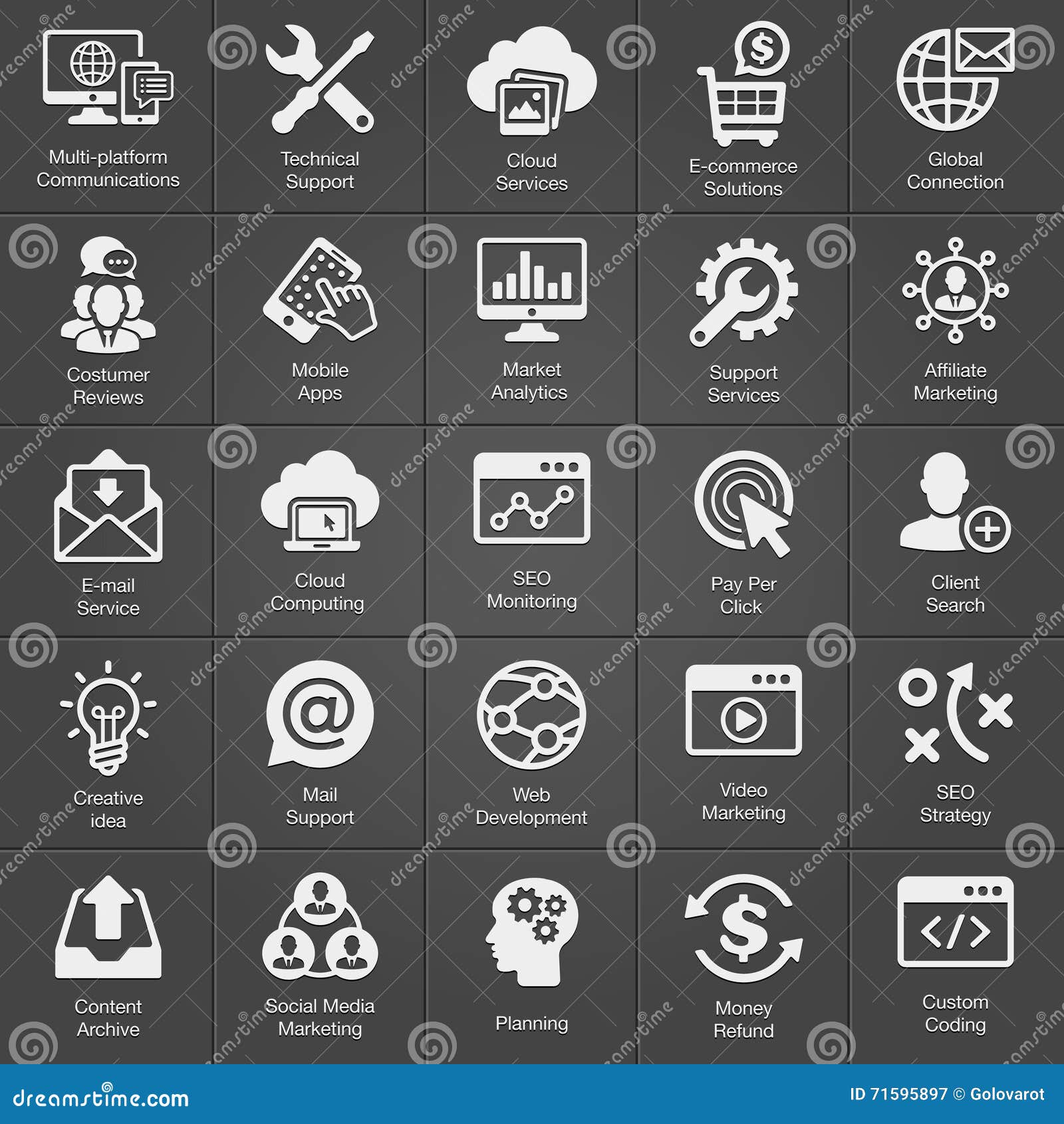 SEO and Development Icon Set on Black Stock Vector Illustration of