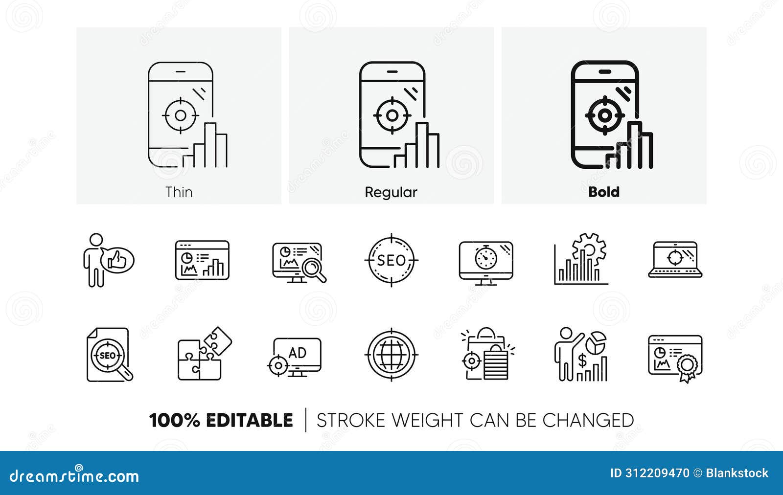 seo line icons. increase sales, business strategy and search optimization. linear icon set. line icons. 
