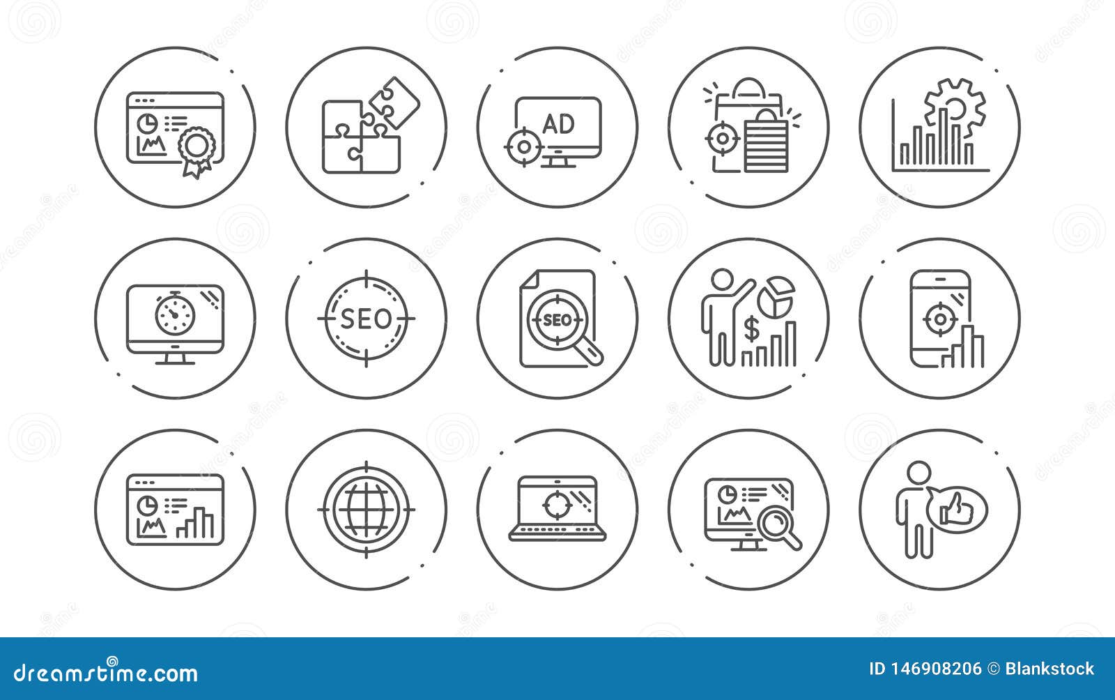 seo line icons. increase sales, business strategy and search optimization. linear icon set. 