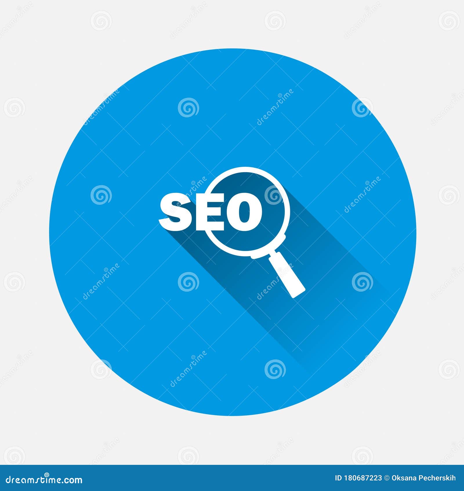 SEO Magnifier Icon on Blue Background. Flat Image with Long Shadow
