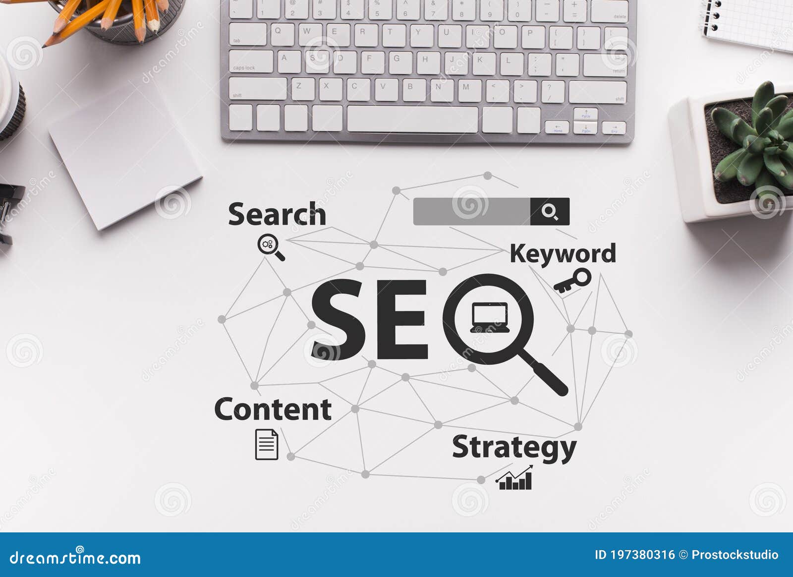 seo-optimization scheme over white office desk background, collage, top view