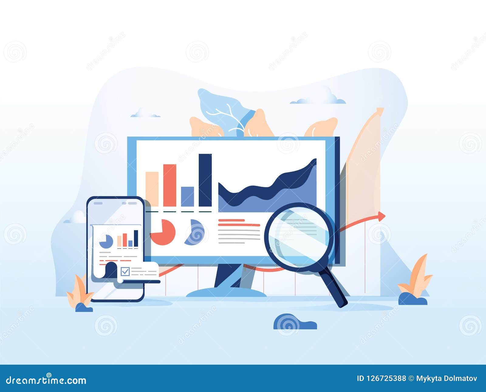 seo reporting, data monitoring, web traffic analytics, big data flat   on blue background.