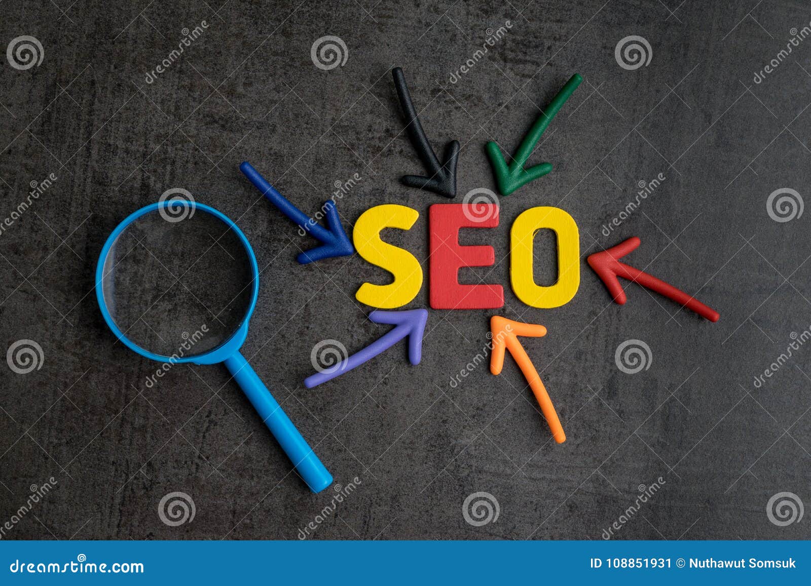 seo, search engine optimization ranking concept, magnifying glass with arrows pointing to alphabets abbreviation
