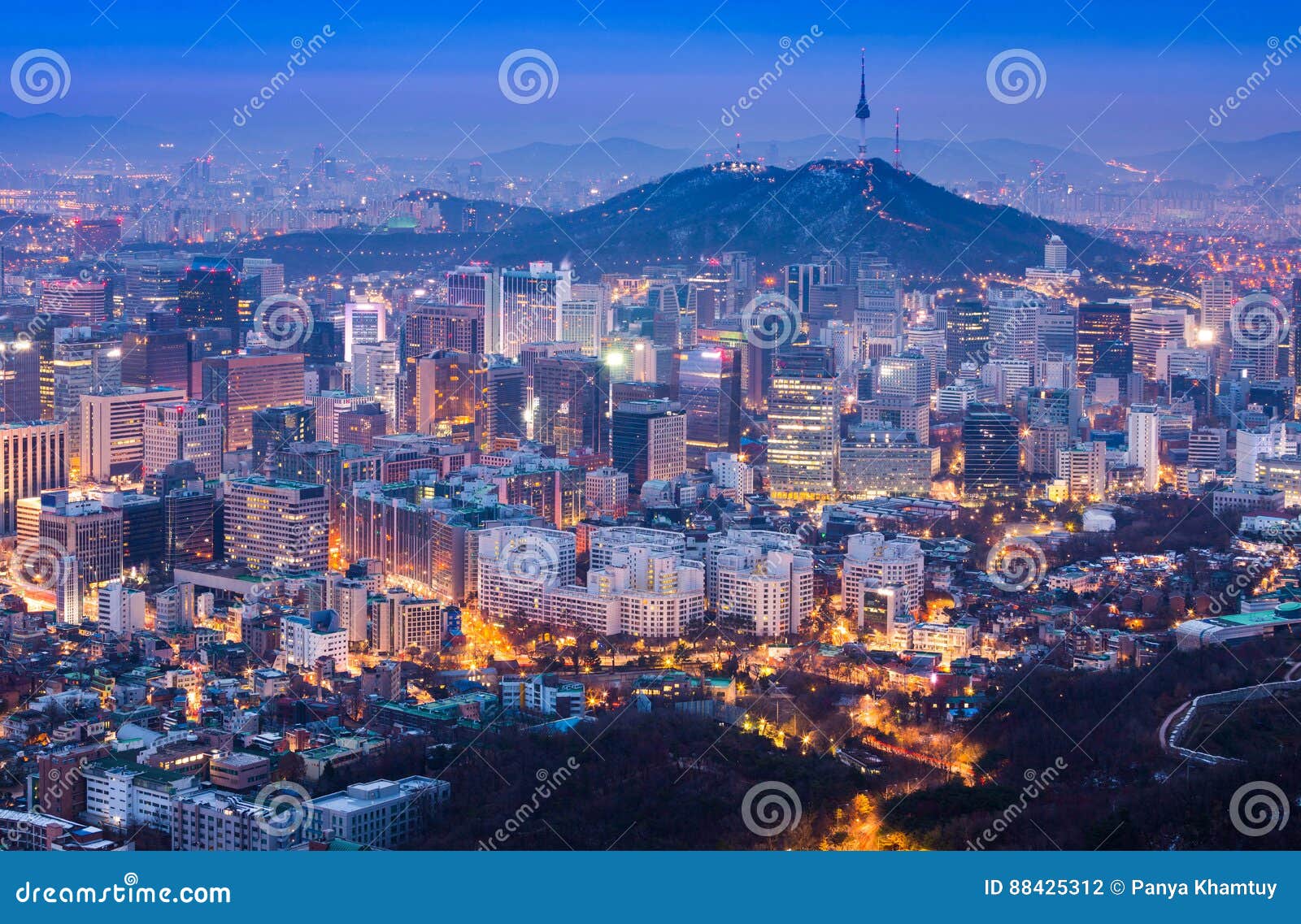 Seoul City in Night View and N Seoul Tower in Seoul, South Korea Stock ...