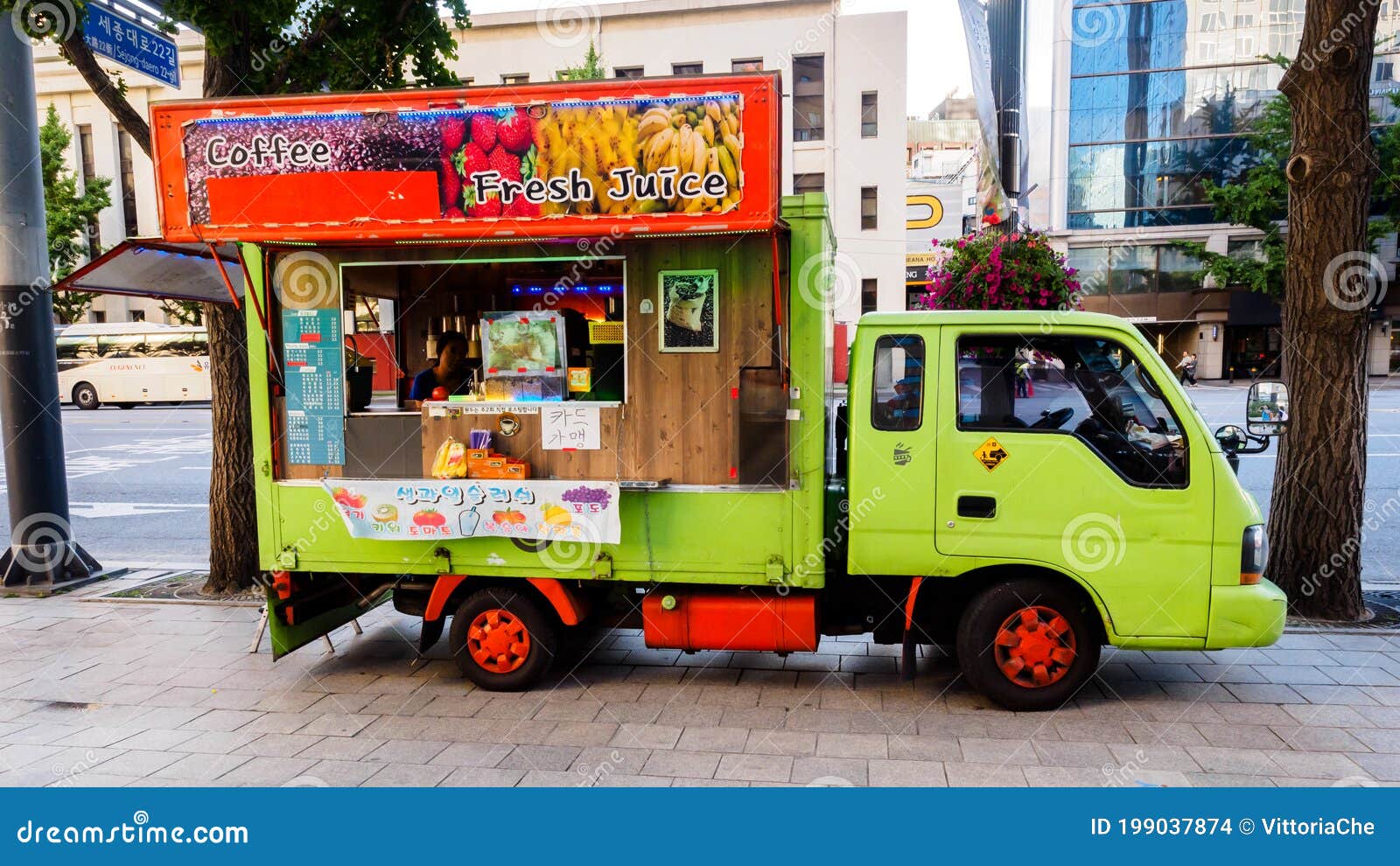 Seoul, South Korea - June 10, 2017: Food Truck with Fruit Fresh Juice