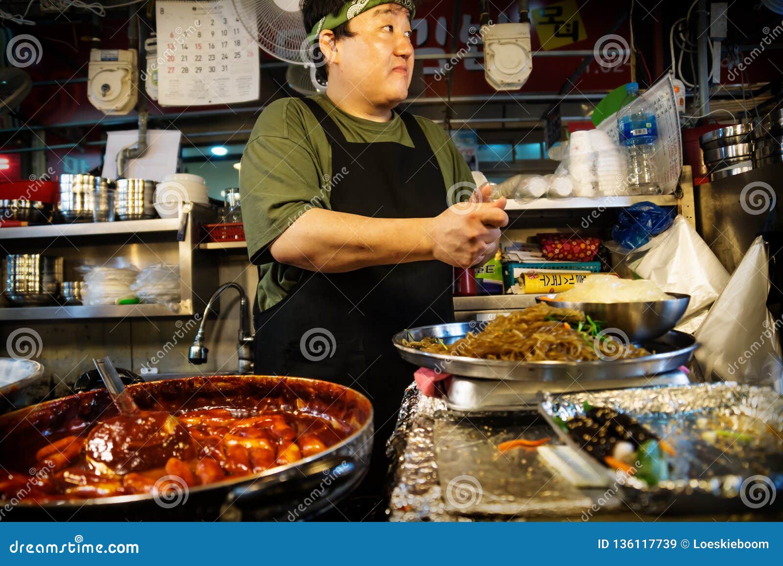 Cook at a Street Food Stall in Gwanjang Market, Seoul, South Korea