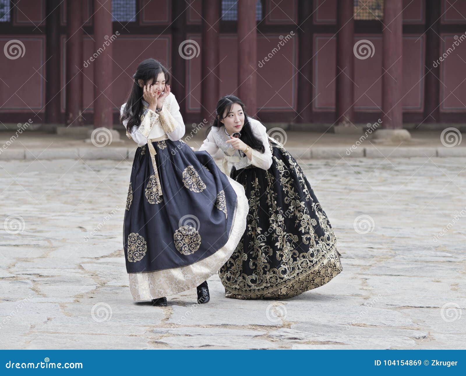 Pretty Korean girls wearing traditional Hanbok dress in Seoul