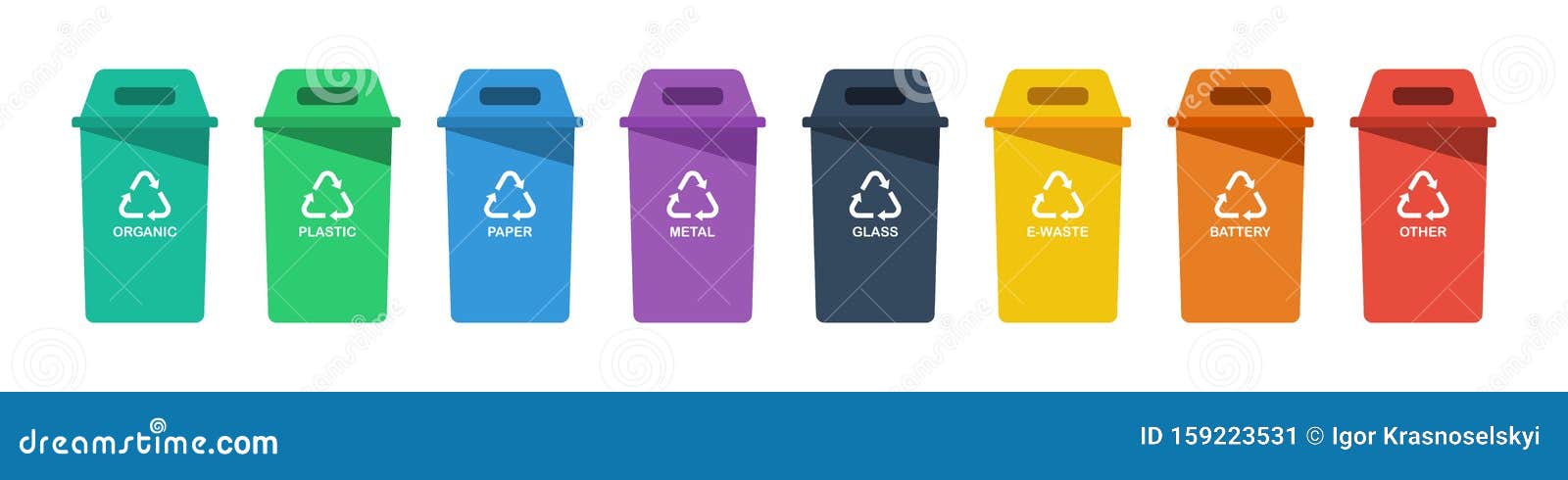 separation concept. set of color recycle bin icons in trendy flat style,  on white background. green blue violet black yel