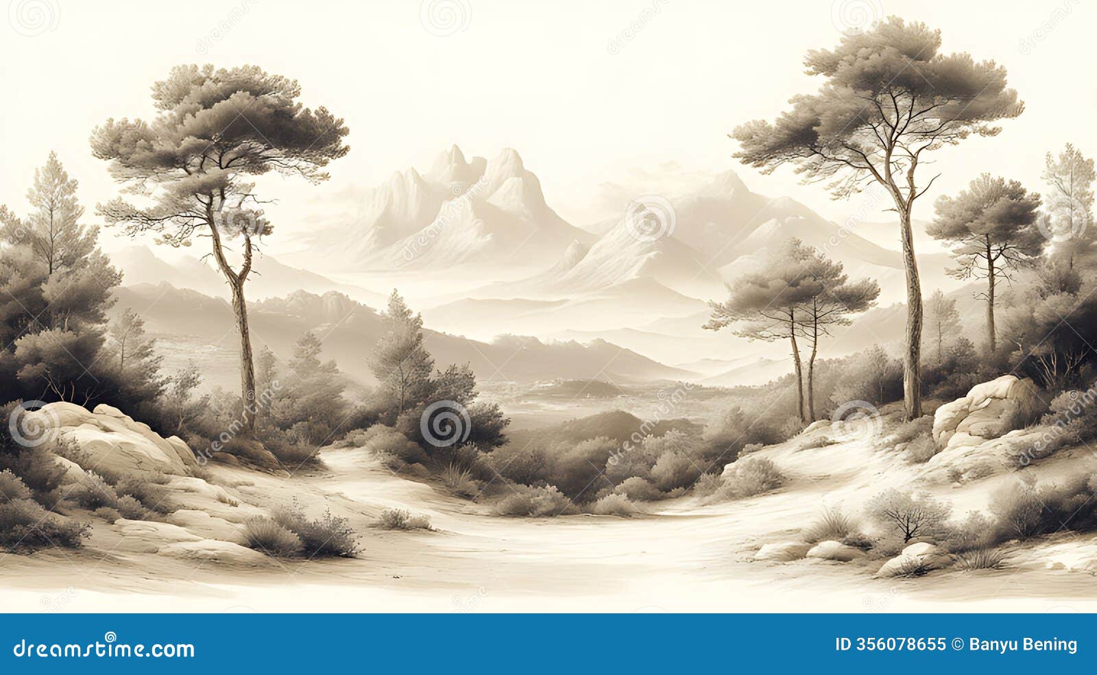 sepia mountain landscape painting, forest path, wall art