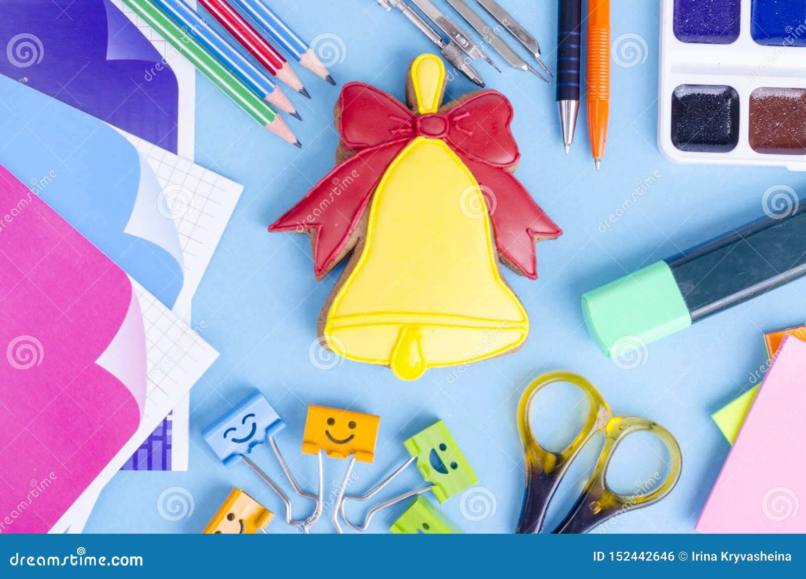 September, Beginning of School, First Bell, Supplies for Study. Stock