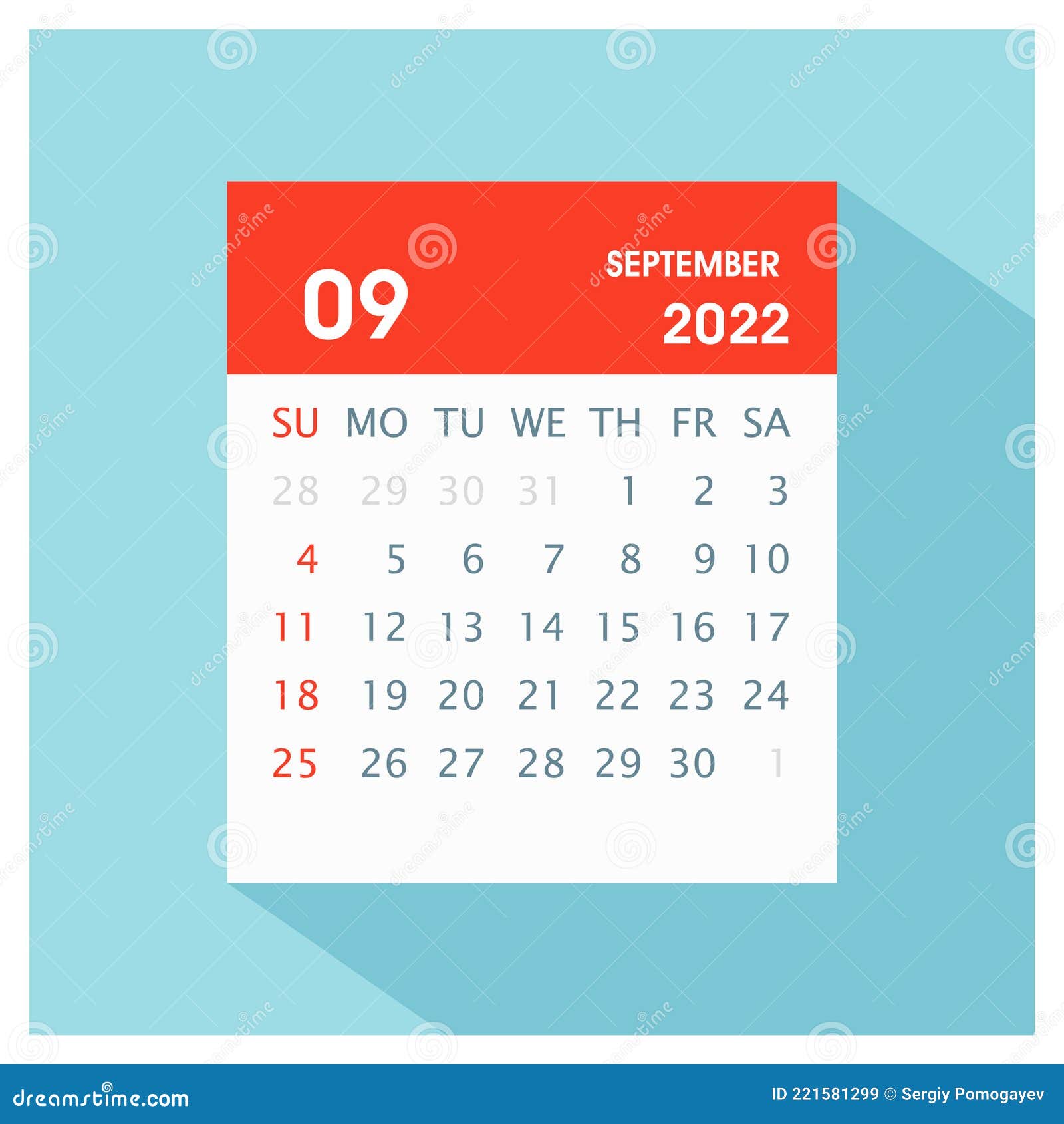 September 2022 Calendar Icon Calendar Design Template Stock Vector