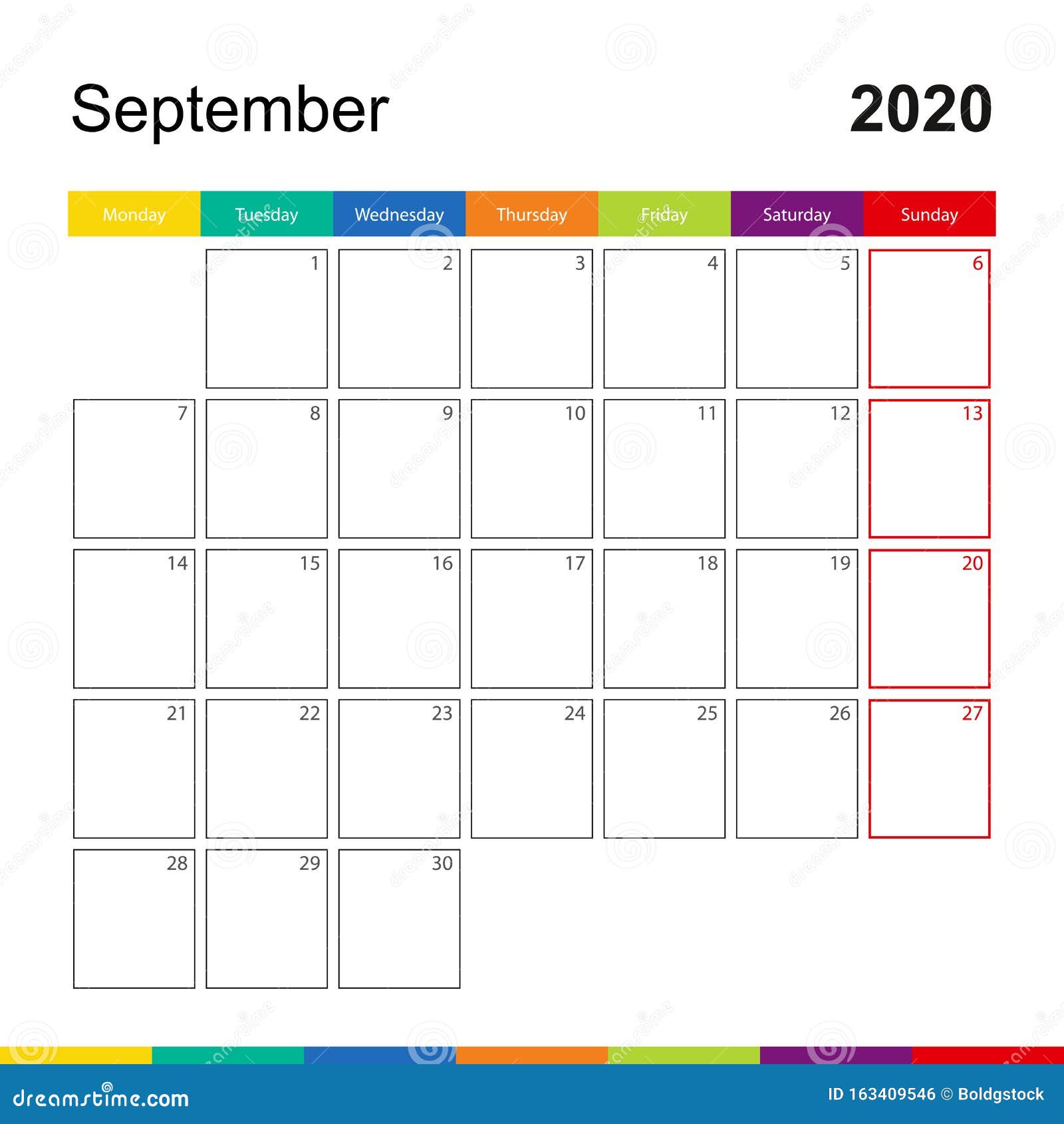 September 2020 Colorful Wall Calendar, Week Starts On Monday Stock Vector - Illustration of ...