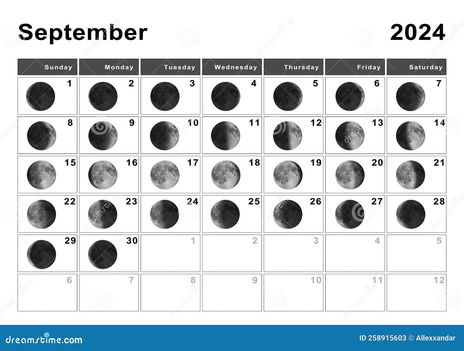 September 2024 Lunar Calendar, Moon Cycles Stock Illustration