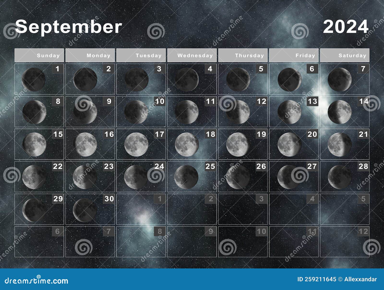 September 2024 Lunar Calendar, Moon Cycles RoyaltyFree Stock