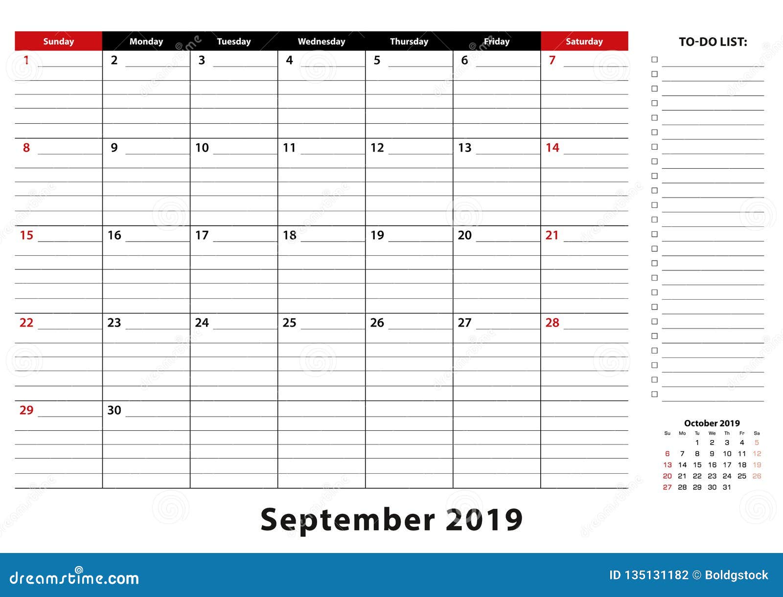 September 2019 Monthly Desk Pad Calendar Week Starts From Sunday