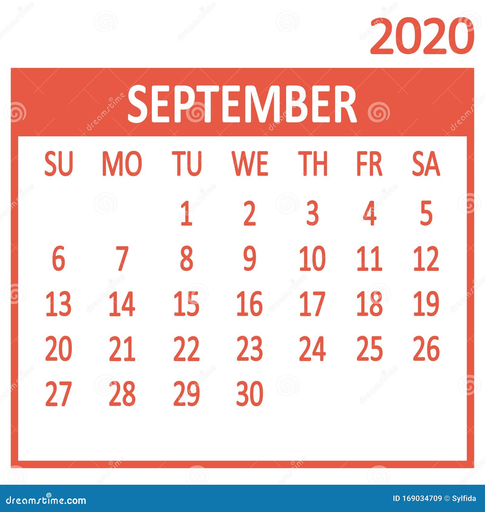 September. Ninth Page of Set. Calendar 2020, Template. Week Starts from