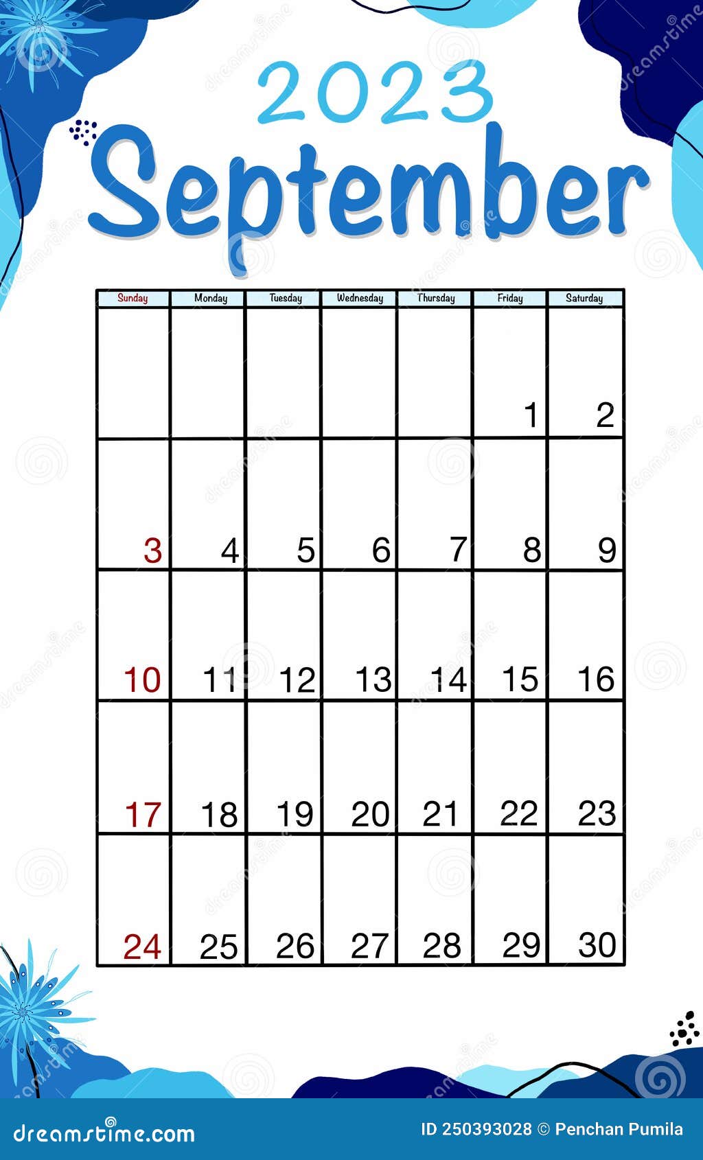 September Planner Calendar 2023 Year. English Vector Vertical Calendar